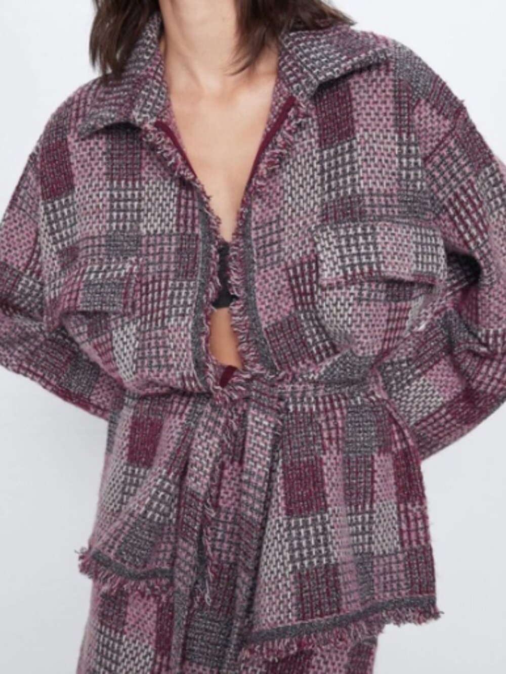 Zara Purple Pink Check Plaid Oversized Knit Fringe Shirt Jacket Size Medium